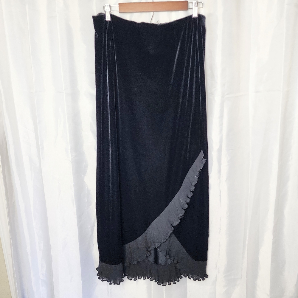 Vintage Velvet Maxi Skirt Ruffle Black Stretch Jessica Howard Sz 14 Whimsigoth